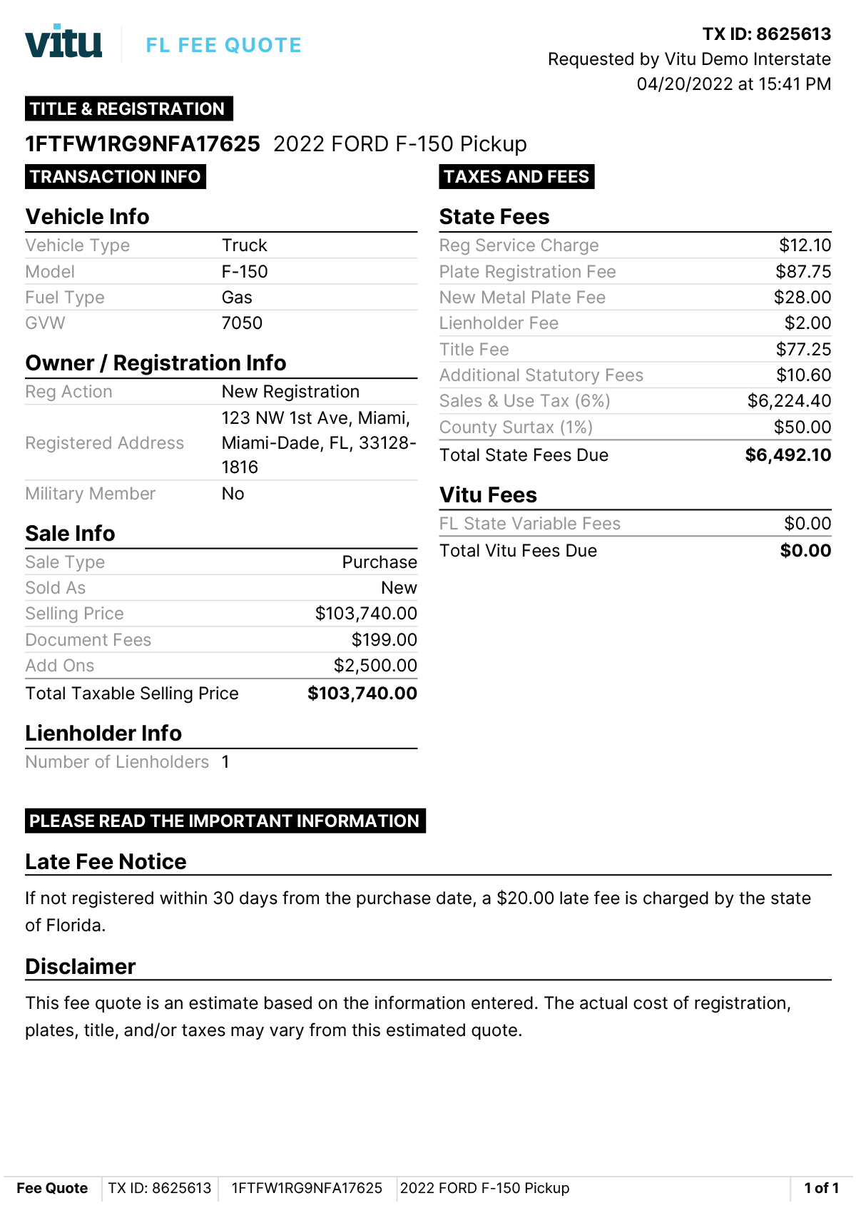 Vitu Interstate Fee Estimates