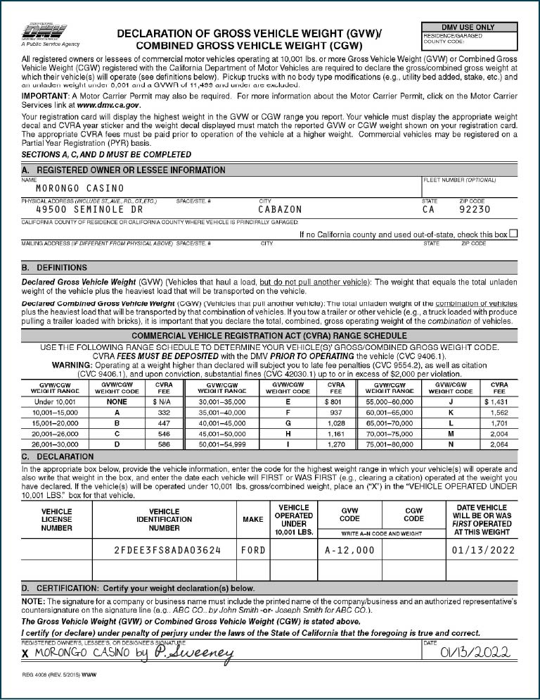 California REG 4008 form for Document AI