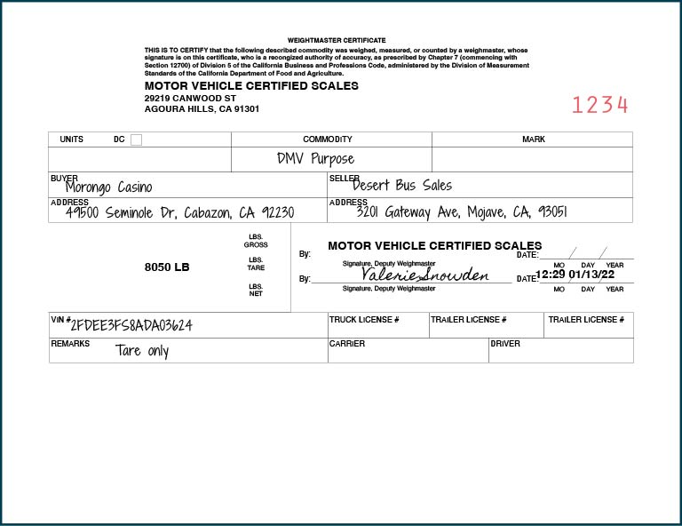 Weighmaster Certificate form for Document AI